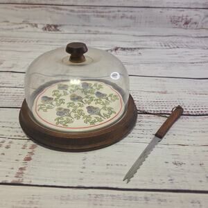 Vintage Gail Craft Cheese Dome Set Japan Wood Base Plate Knife Server